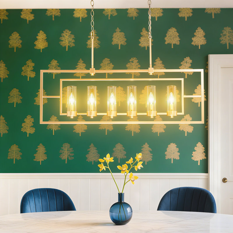 Luminaire suspendu linéaire pour îlot de cuisine 6 lumières avec abat-jour en verre Modern Glam