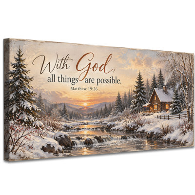 Tableau sur toile avec verset biblique d'hiver, chalet enneigé et ruisseau, Matthieu 19:26, décoration chrétienne pour salon ou chambre, toile tendue sur châssis, prête à accrocher, 51 x 102 cm