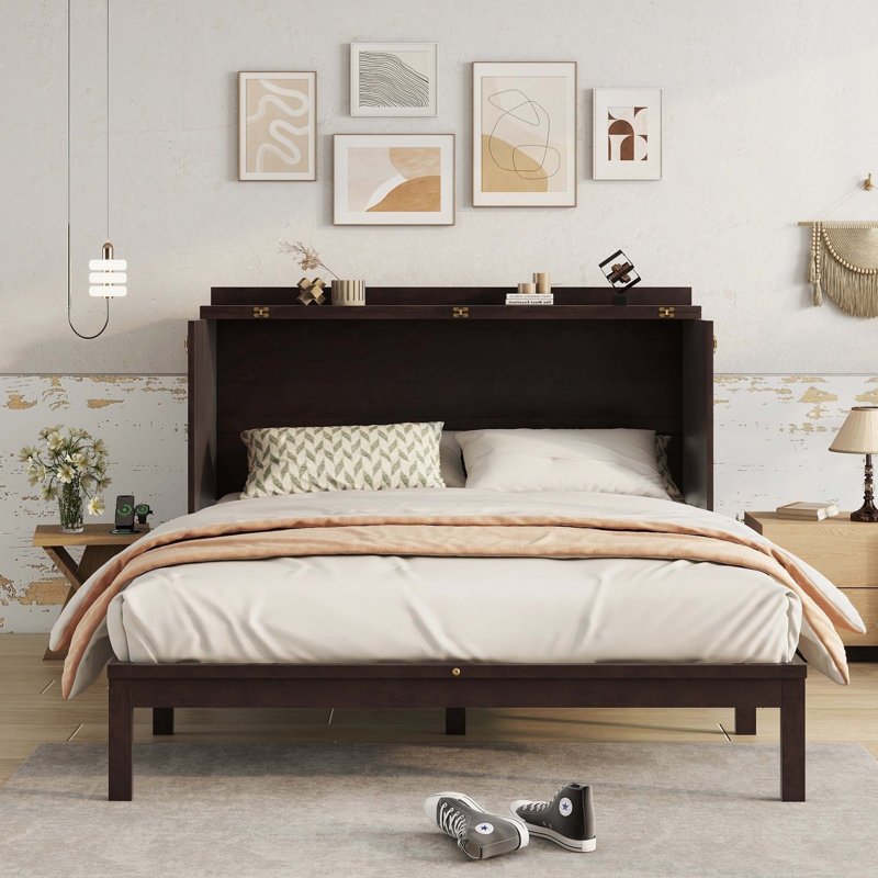 Espresso Pine Wood Queen Murphy Cabinet Bed With Power Station And Rattan Decorative Panel, Espresso