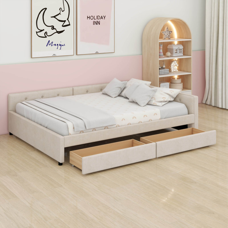 Daybed Upholstered With 2 Drawers And USB, L-Shaped Sofa Bed, Linen Tufted Platform Bed, Queen