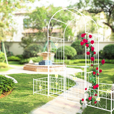 Cream White Metal Garden Arch With Gate, 79.5" Wide X 86.6" High, Outdoor Delicacy Pizzazz