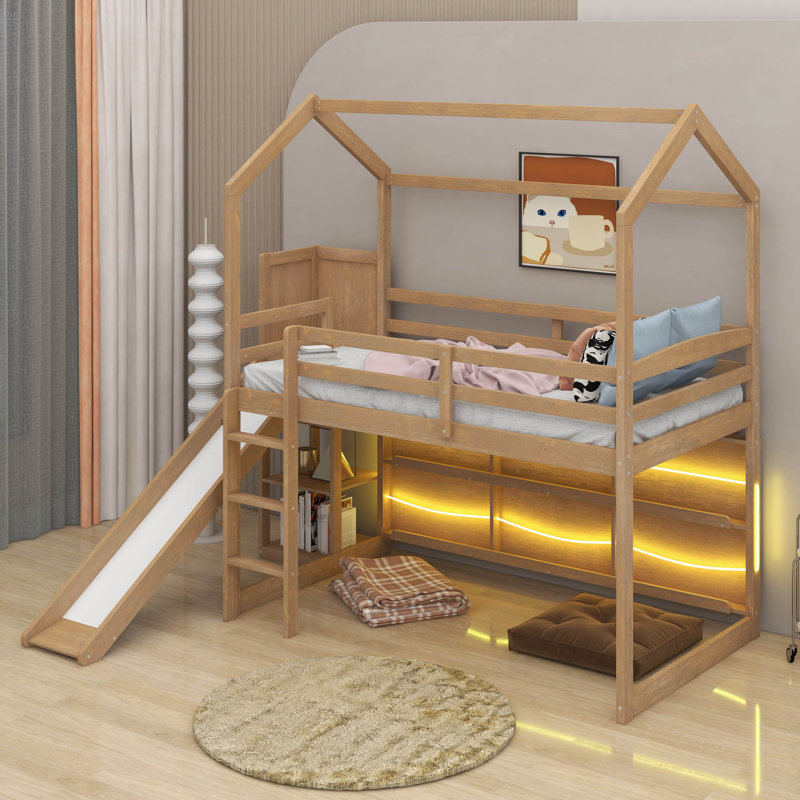Twin Size Wood House Loft Bed With Shelves And Light, Wood
