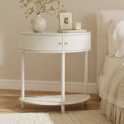 ArtisanCrafted WavePattern DemiLune Console Table with Creamy White Finish,Unique Half Moon Design End Table with 2 Storage Drawers and Bottom Shelf for Living room, Bedroom, Study, Hallway
