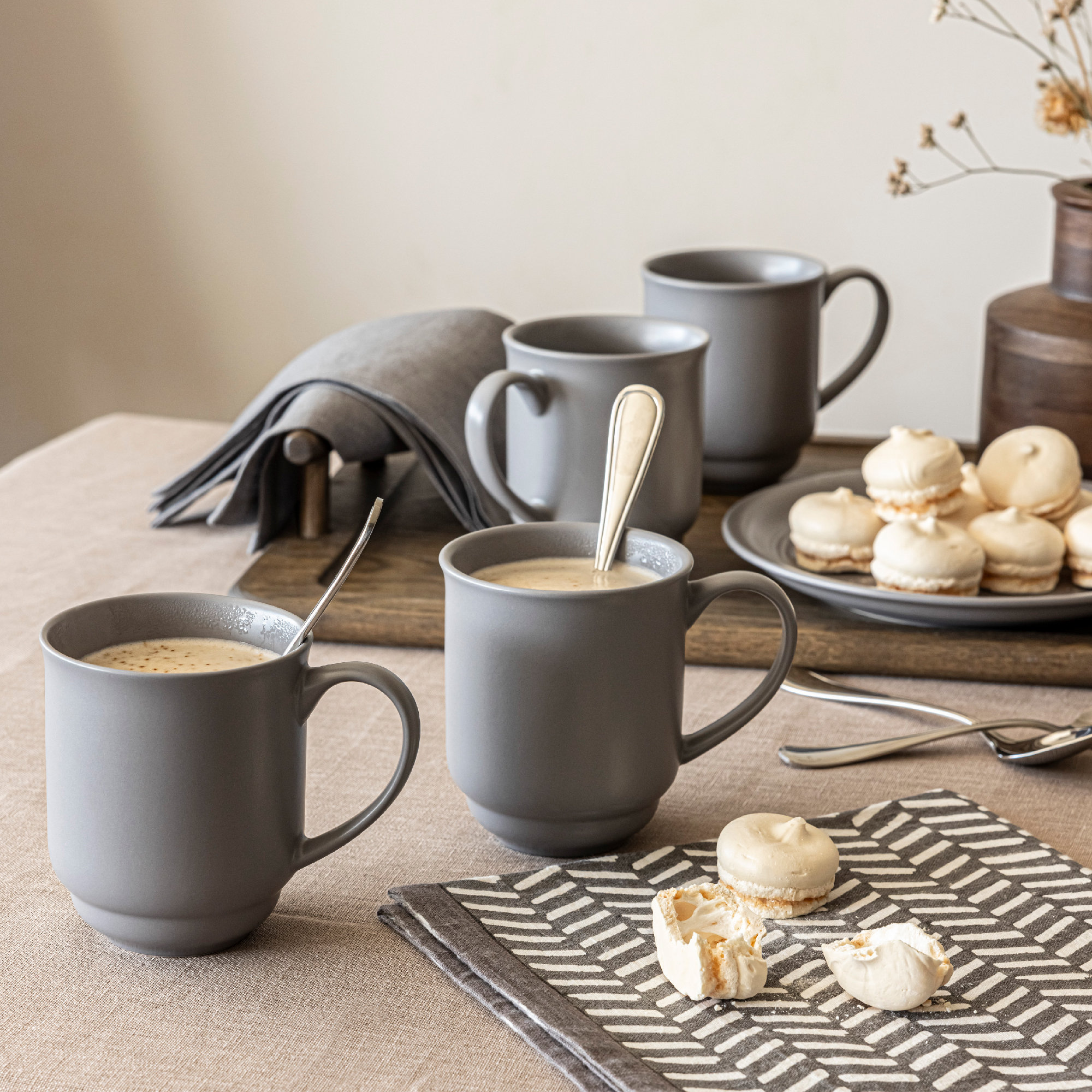 over&back Rimmed 16oz Semi-Matte Hand-Finished Stoneware Mugs, Set of 4, Gray