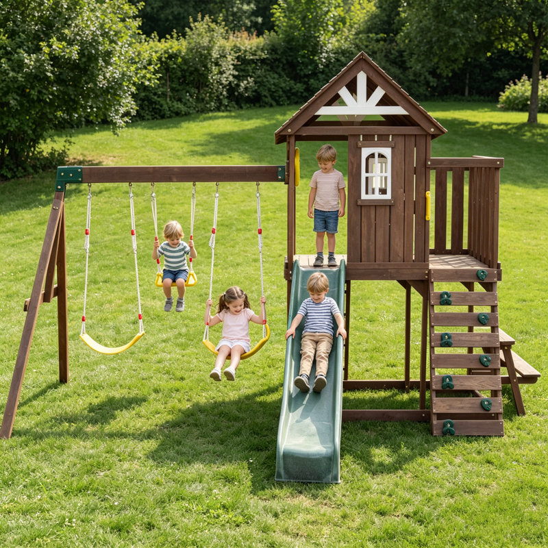 Wooden Swing Set with 2 Swings, Wave Slide, Play Deck, Climbing Wall & Trapeze Rings - Outdoor Backyard Playset for Kids - Heavy Duty Wooden Jungle Gym