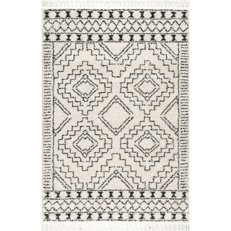 Adry Moroccan Shag Tasseled Cream/Charcoal Area Rug