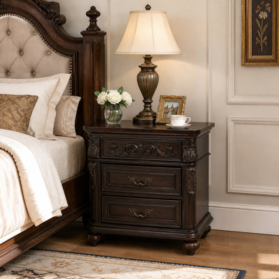 3 Drawer Nightstand with Solid Wood Frame, Traditional Carved Details, Wide Storage Cabinet