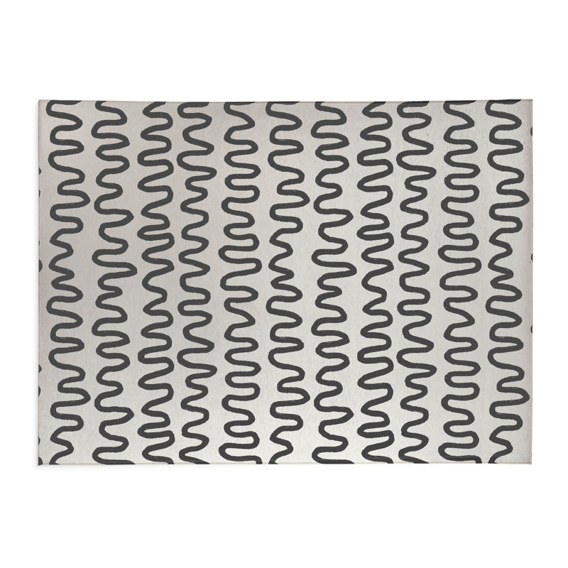 Wiggle Stripe Lightweight Non-Slip Kitchen Mat, Rectangle 4' x 6', Ivory/Charcoal