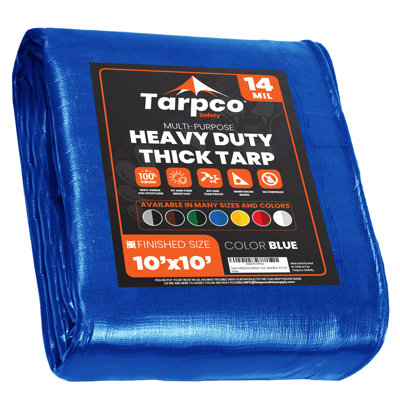 Bâche en polyéthylène robuste de 10 pi x 10 pi 14 mil, imperméable et résistante aux rayons UV