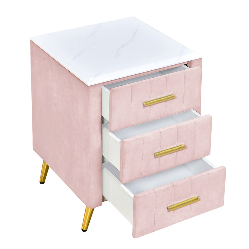 Table de chevet rembourrée en bois avec 3 tiroirs et pieds et poignées en métal, table de chevet avec plan de travail autocollant marbré - rose