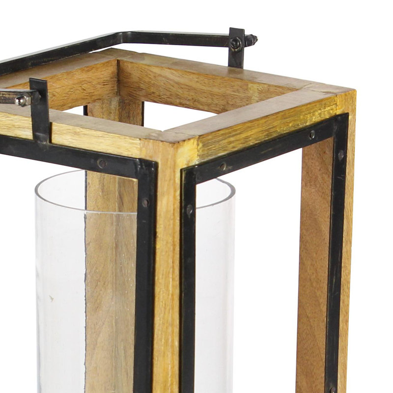 Lanterne brune d'intérieur et d'extérieur en bois de manguier, H 22 po x l 8 po x P 8 po