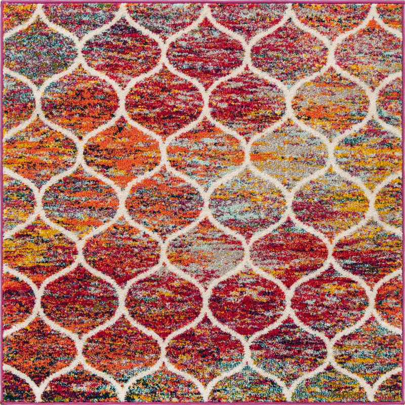 Llanet Geometric Area Rug, Square 4'1", Multi Red