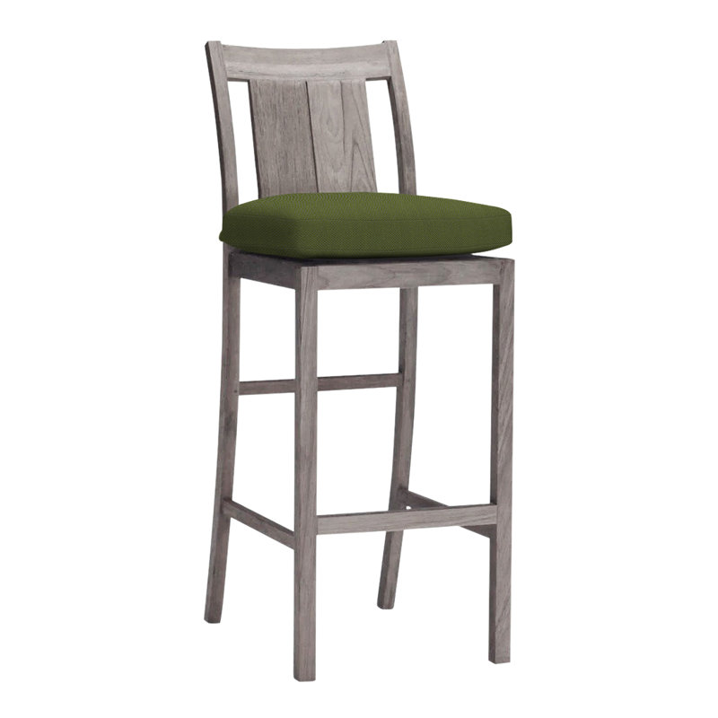Croquet 24.5" Patio Bar Stool with Cushion, No Welt, Oyster Teak, Linen Forest