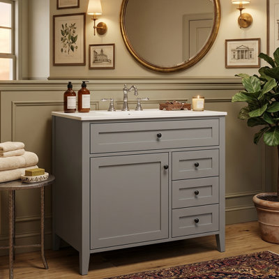 Meuble-lavabo autoportant moderne de 36 po avec lavabo central en céramique, cuve de rangement asymétrique à porte gauche et grille de tri à 3 tiroirs à droite, pieds en bois d'hévéa massif (4 finitions disponibles)
