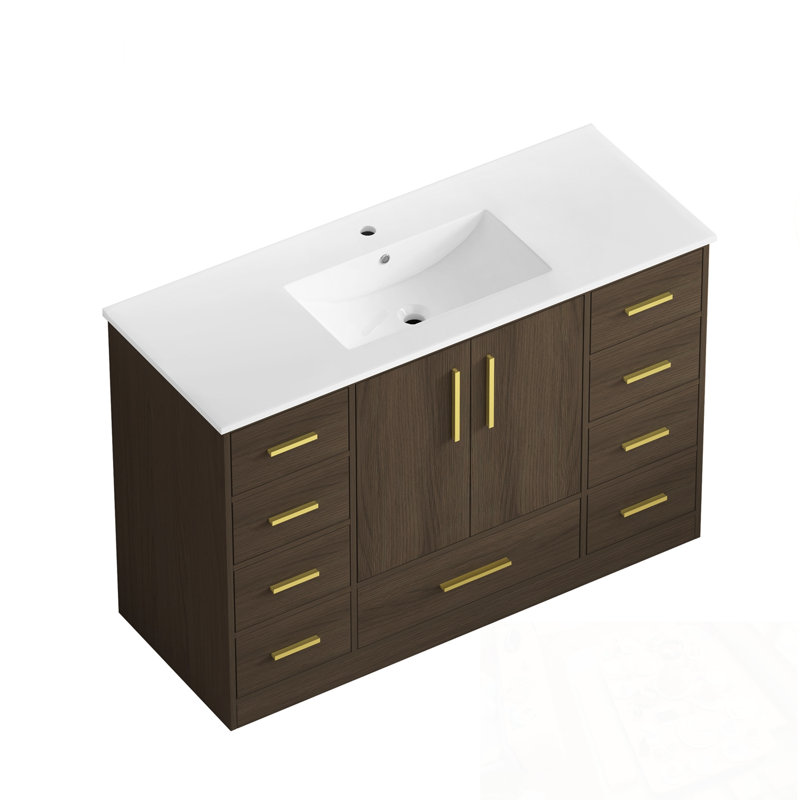 Meuble-lavabo avec 2 portes à fermeture douce et 9 tiroirs, Marron foncé