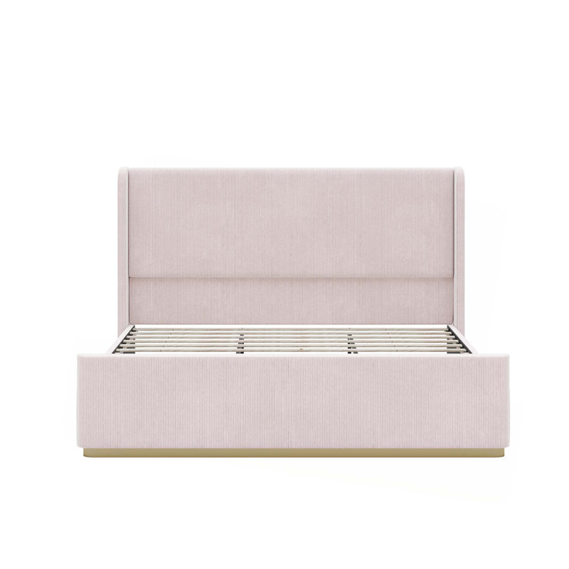 Structure de lit tapissier en velours côtelé avec repose-pieds de rangement de 130 L, tête de lit à oreilles et pied de lit à rayures verticales