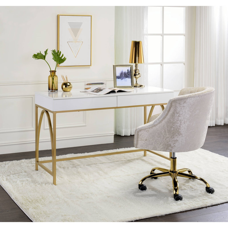 Gold Finish Rectangular Vanity Desk, 2 Manual - Close Drawers, High Gloss Wooden Construction, 30 Inches Depth White Desk With Accented Metal Legs, Storage 18Mm Top, Deep