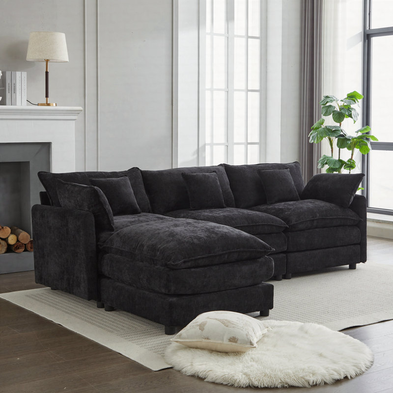 Modular Sectional Sofa, 3-Seater Sofa With Ottoman, Modern L-Shaped Sofa, Black