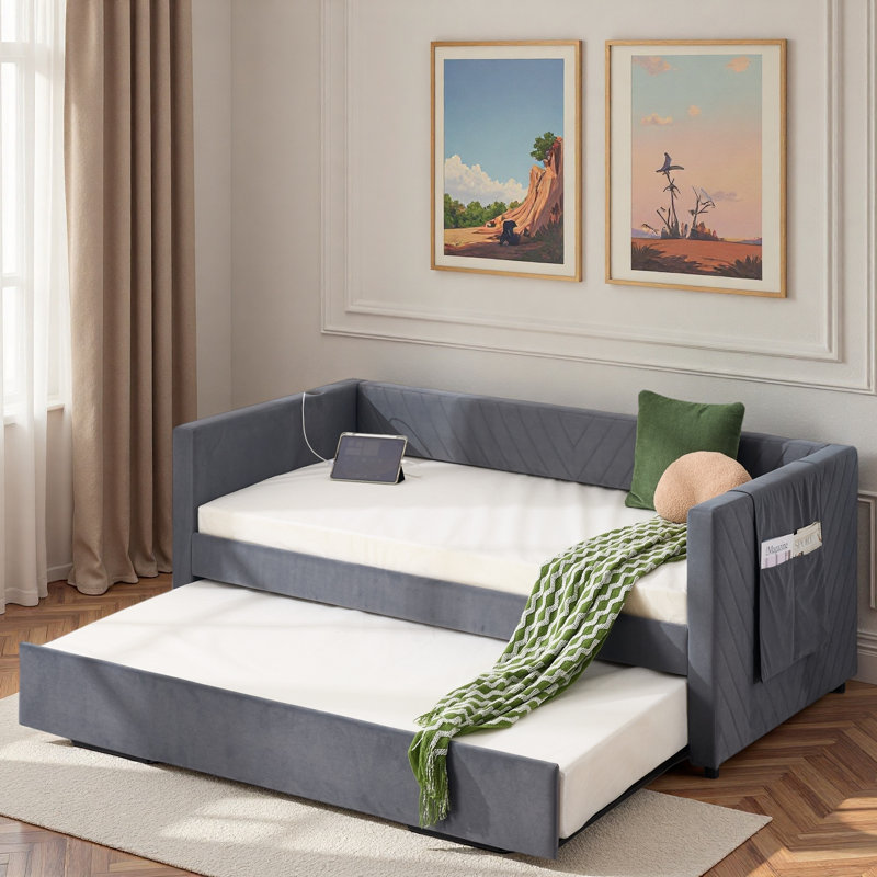 Upholstered Daybed With Trundle, Usb Port And Side Pockets, Gray