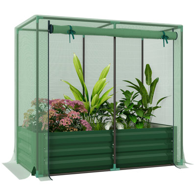 Lit de jardin surélevé galvanisé avec cage de culture et toile d'ombrage vert