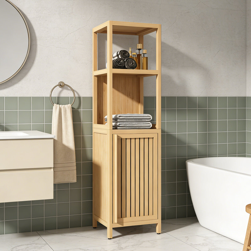 Bamboo Bathroom Storage Cabinet Freestanding Organizer for Small Spaces with Door and Shelves, Brown