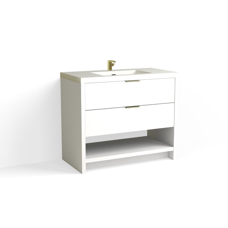Vue 42" W Freestanding Single Bathroom Vanity, Nimbus, Glossy White/8" Widespread, Matte Black