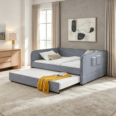 Gingham Upholstered 3-in-1 Versatile Convertible Sofa Bed with Pull-Out Trundle & Side Storage Pockets, Ideal for Multiple Room Layouts and Small-Space Living