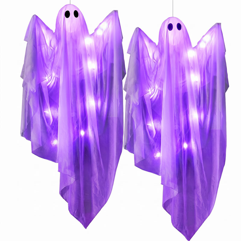 2 fantômes suspendus 35,5 po d'Halloween illuminés, Mauve