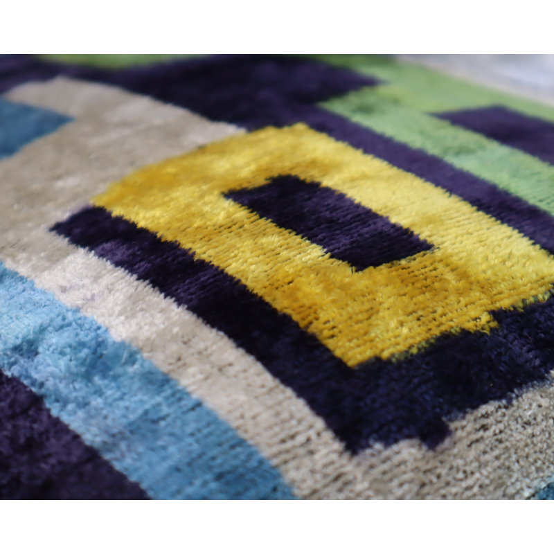 Velvet Lumbar Pillow Cover & Insert, Blue/Green/Yellow Geometric 1