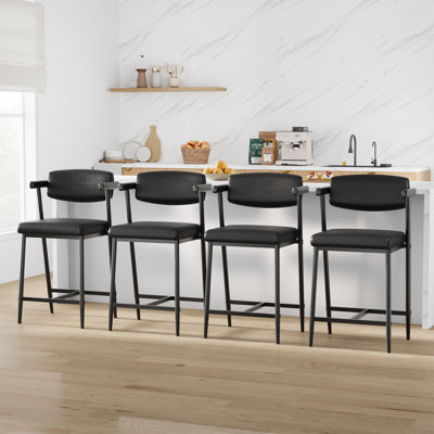 Set of 4 Modern Bar Stools with Armrests and Backrest, PU Leather Upholstered, Metal Frame, Comfortable Padded Seat, 94cm Height, Ideal for Kitchen Island, Dining Room, Bar Counter