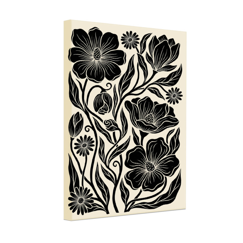 Plantes et fleurs, motif floral noir et blanc, H 18 po x l 12 po