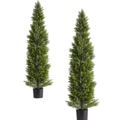Artificial Topiary Cedar Trees, 60 inch Faux Pine Shrubs Plants, Fake Silk Tree Look Real, Easy Assembly for Decor Front Porch Outdoor Patio Garden Balcony Backyard Indoor Office