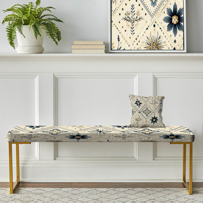 Vintage Neutrals Mosaic Flowers - Geometric Upholstered Gold Bench