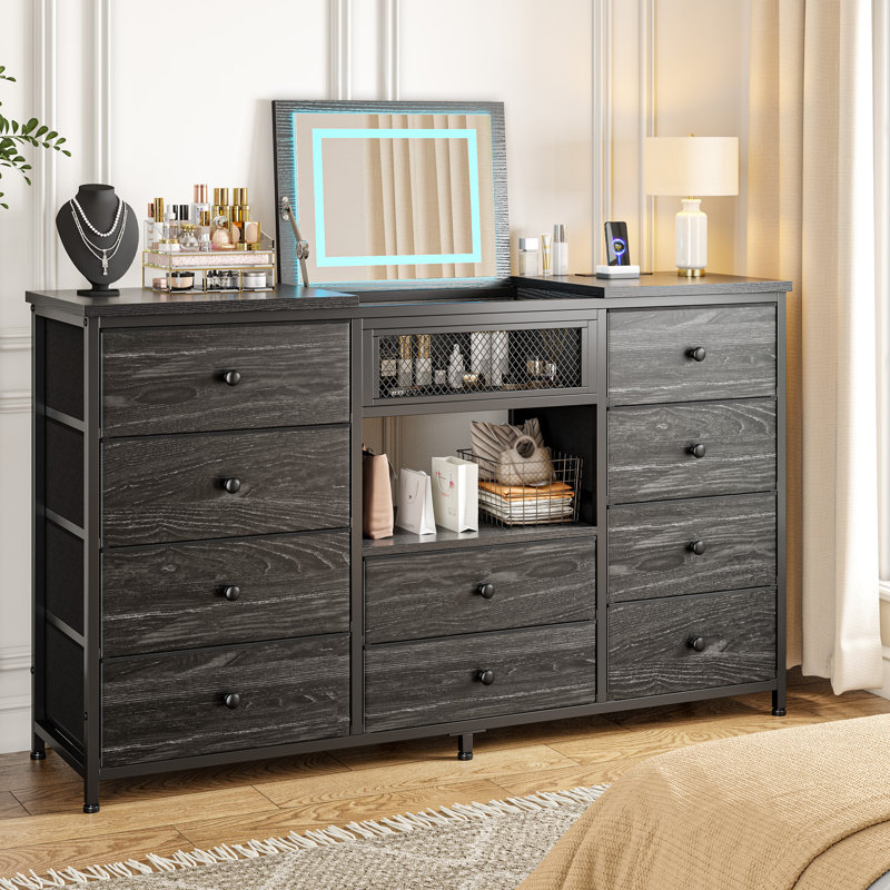 55.12" W Dresser For Bedroom With Mirror & 10 Drawers, Bedroom Dressers With Led Lights & Charging Station, Black