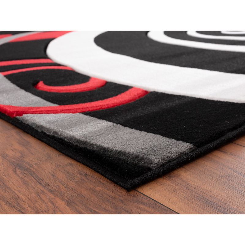 Tapis noir / rouge à motif abstrait Adonia, Tapis de couloir 2 pi 8 po x 11 pi 10 po