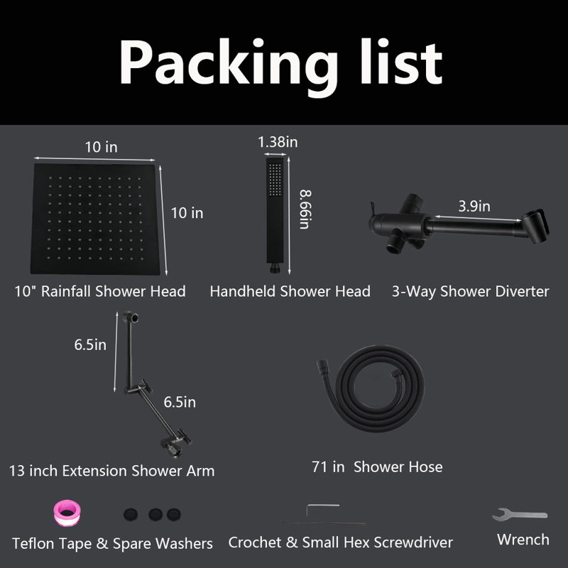 10" Rainfall Shower Head With Handheld Combo,3 Setting Diverter, Adjustable Extension Arm, Extra Long Hose,, Black