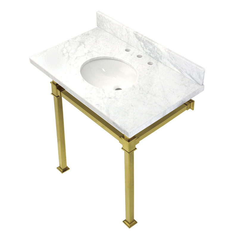 Lavabo console en marbre Carrara de 36 pouces avec pieds en acier inoxydable Kingston Monarch Kingston (8 pouces, 3 trous)