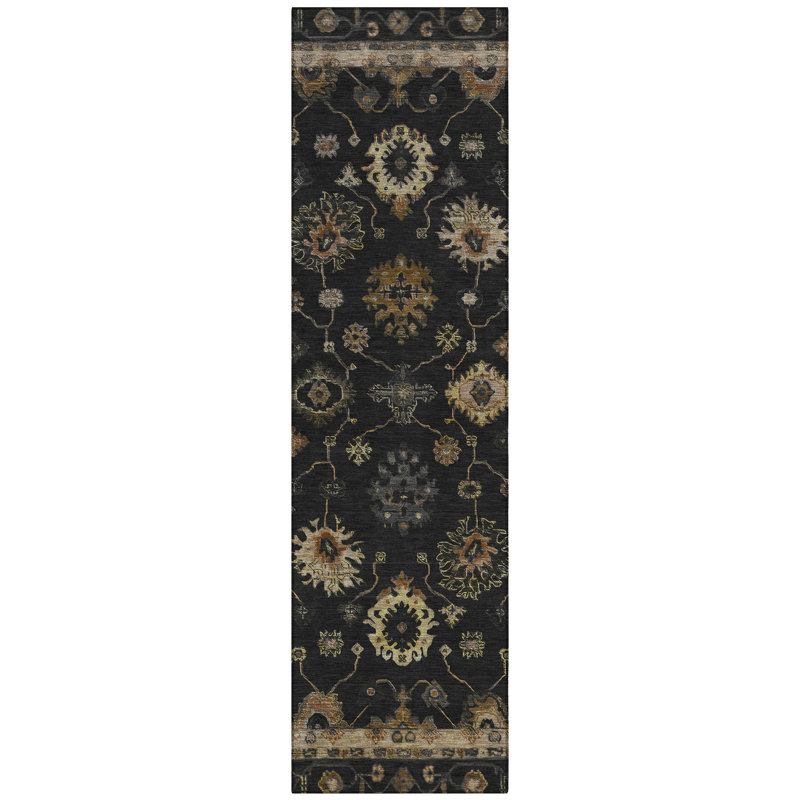 Machine Washable Indoor/Outdoor Xhevrie Black Rug, Runner 2'3" x 7'6"