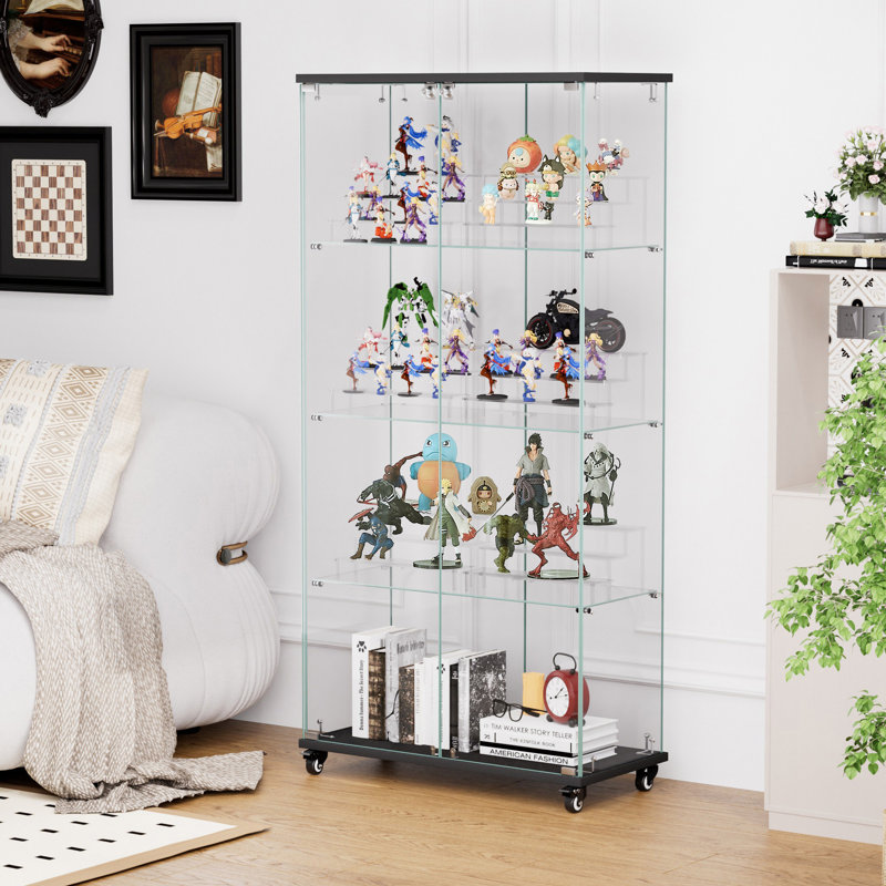 4 Tier Glass Display Cabinet, Double Door Glass Cabinet With Two Locks, Floor Standing Storage Cabinet With 6 Acrylic Shelves For Living Room, Bedroom And Office