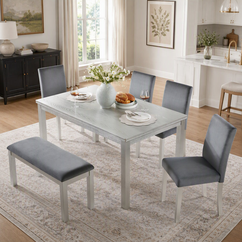 Ensemble de table de salle à manger 6 pièces en bois avec 4 chaises rembourrées et un banc