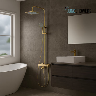 Juno Square Curved Gold Single Handle Wall Mount Shower with Hand-Held Shower