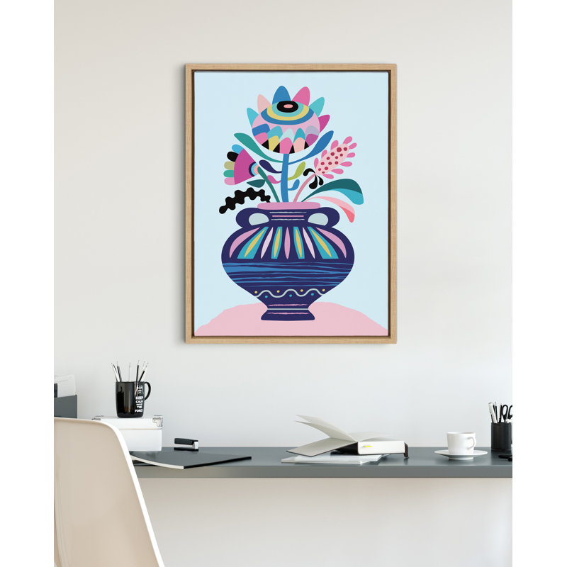 «Mid Century Modern Whimsical Floral» par Rachel Lee, 3 oiseaux, reproduction d'art sur toile encadrée, Naturel