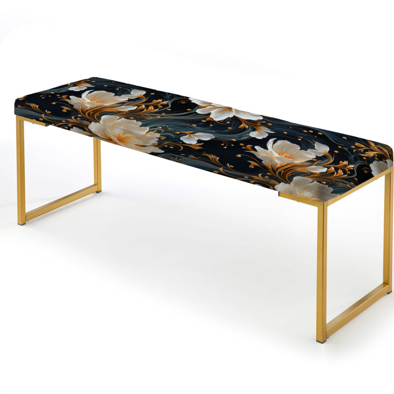 Upholstered Gold Bench, White And Gold Astral Marble Radiance