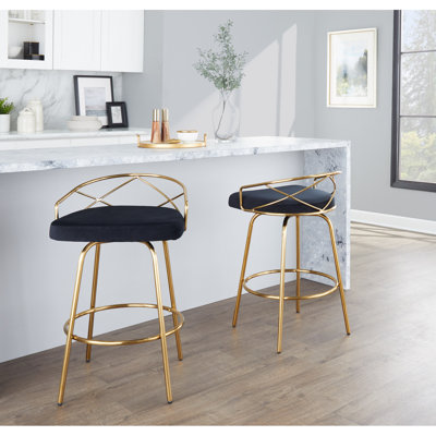 26 "/ Art Deco Tabouret de comptoir à hauteur fixe avec pivot en métal doré et velours noir avec repose-pieds rond - ensemble de 2