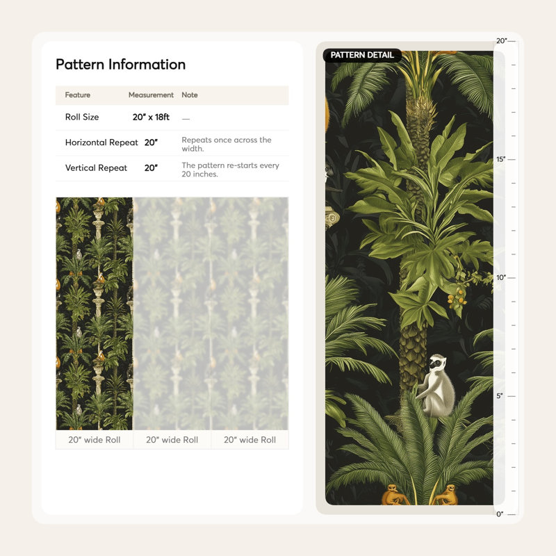 Papier peint jungle tropicale lémurienne tropicale et colonnes, nature exotique