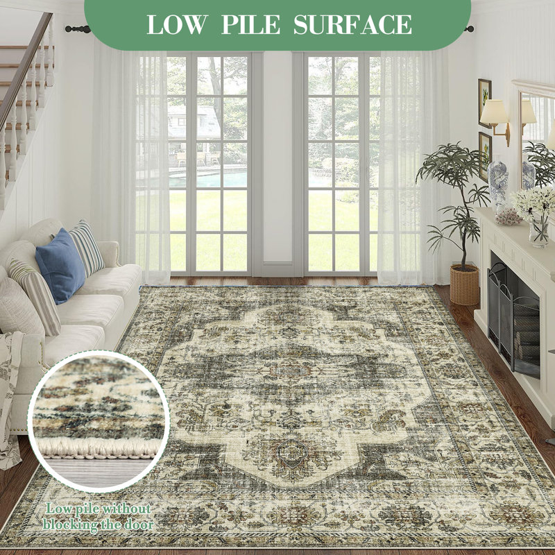  Washable Area Rug 6x9 Ft Anti-Slip Rug Vintage Distressed Floor Carpet Stain Resistant Non Shedding Rug Foldable Rug for Bedroom Living Room Beige