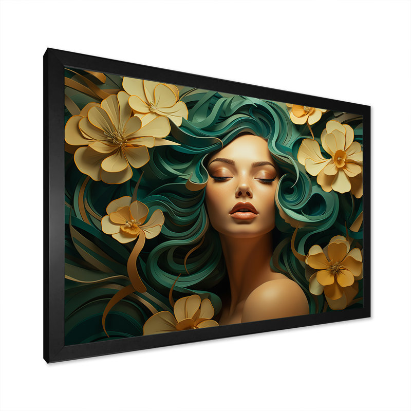 Femme verte et dorée avec une fleur sur le visage - Art mural floral, Cadre d'angle fermé noir, H 12 po x l 20 po x P 1 po