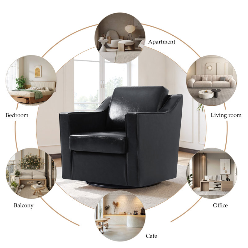 Bronnen Big And Wide Upholstered Faux Leather Cushion Swivel Armchair with Removable Back and Seat Cushion, Black