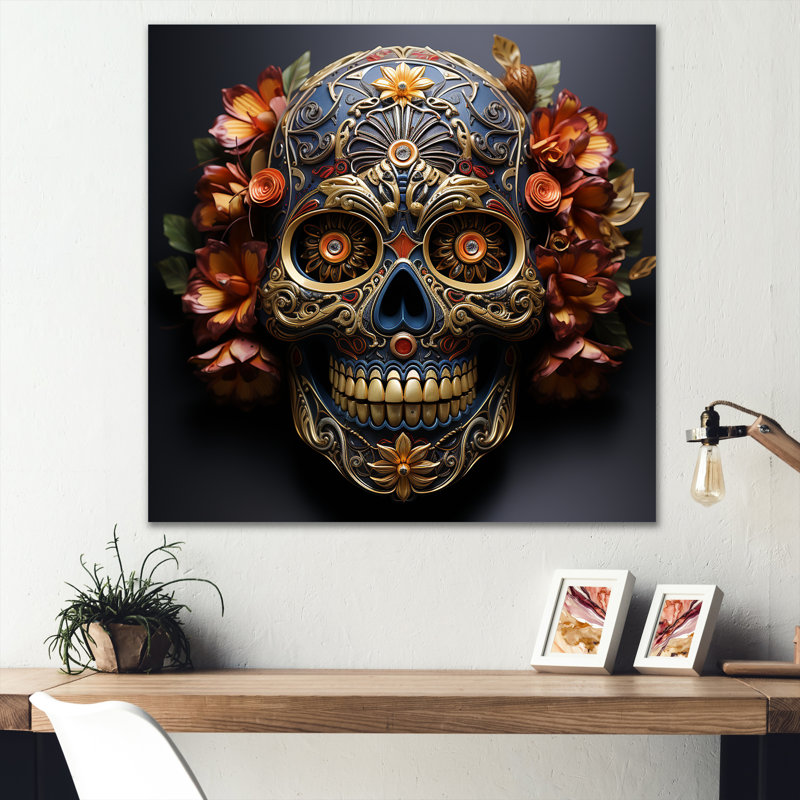 Or floral, crâne mexicain I - art mural Skullmetal, H 16 po x l 16 po x P 1 po