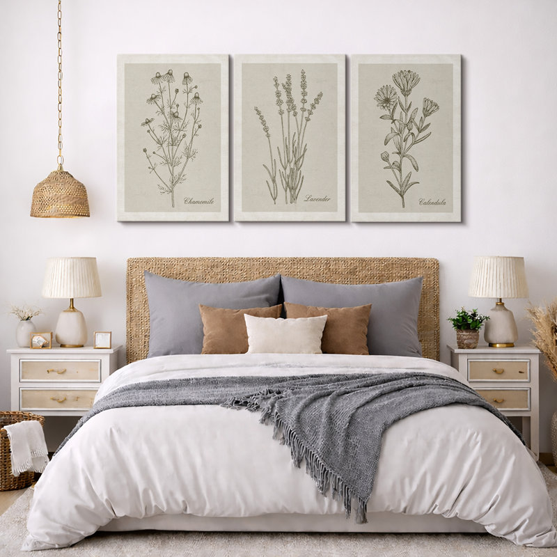 Minimal Botanical Retro Vintage Antique Garden Wildflowers Modern Artwork Minimalist Floral Botanical Flowers, 24" H x 48" W